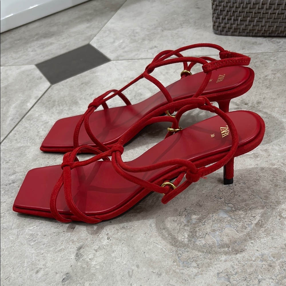 Brand New Zara Suede Red Strappy Heels size 7 - Picture 2 of 6